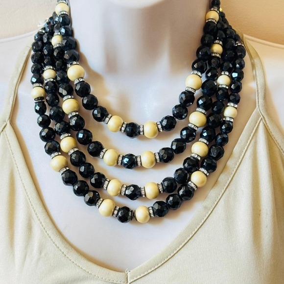 VTG black white Crystal pearl Necklace beaded Retro Collar 4 Strand multi 60s - Picture 1 of 7